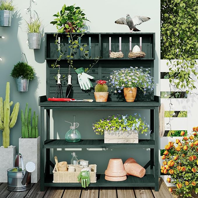 65" Large Wooden Farmhouse Rustic Outdoor Potting Bench Table, Patio Workstation, Garden Potting Bench with 4 Storage Shelves and Side Hook, Forest Green