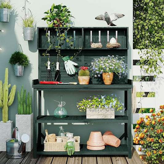 65" Large Wooden Farmhouse Rustic Outdoor Potting Bench Table, Patio Workstation, Garden Potting Bench with 4 Storage Shelves and Side Hook, Forest Green