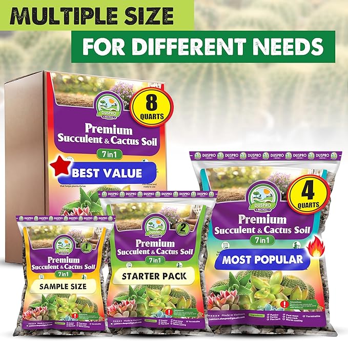 DUSPRO Succulents Soil Potting Mix – 7 in 1 Ingredients Well-Draining, Nutrient-Rich Cactus Potting Soil for Succulents and Cacti, Indoor & Outdoor Use, Ready to Use, Supports Healthy Root Growth, 2QT
