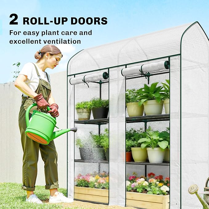 Outsunny 3 Tier Mini Greenhouse, 56.3" x 18.1" x 65" Small Portable Greenhouse with 2 Roll-up Doors, Garden Plant Growhouse with PE Cover for Indoor Outdoor, White
