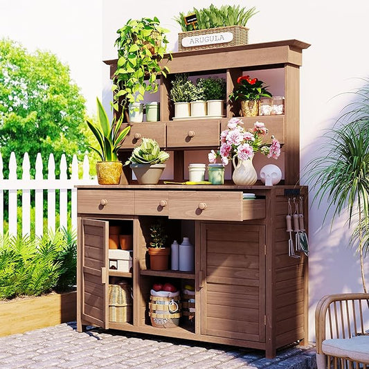 RUNNA 65.7'' H Tall Garden Potting Bench Table with Hutch,Patio Storage Workstation with 3 Shelves,6 Drawers,2 Bottom Cabinets&Side Hooks for Mudroom,Doorway (Brown@024, 65.7)