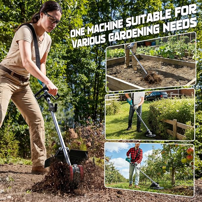 Cordless 2-in-1 Tiller Cultivator & Weed Wacker Compatible with Makita 18V Battery (Tool Only), 500RPM Electric Garden Tiller String Trimmer, 9" Tilling Width 9.4" Depth for Soil Lawn Cultivation
