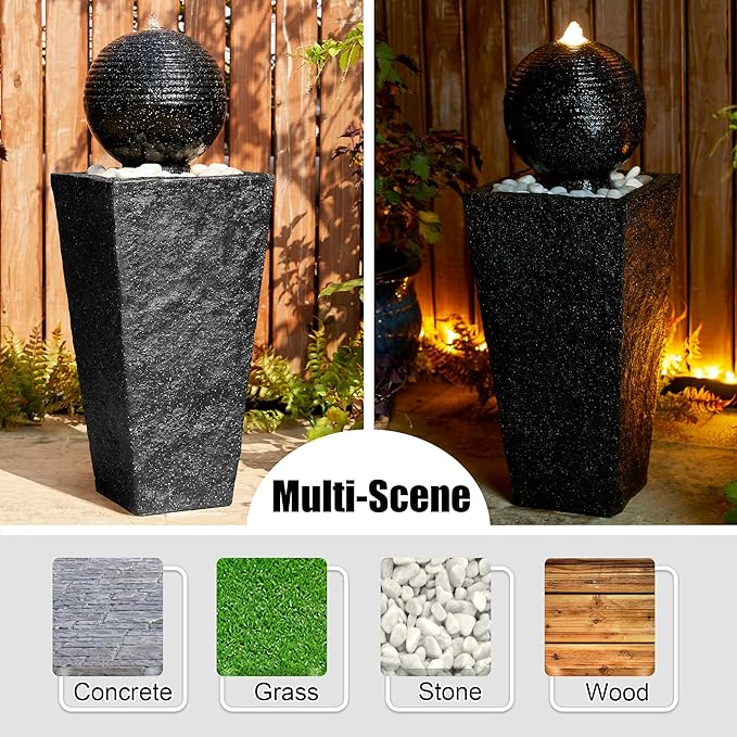 Glitzhome Outdoor Water Fountain, 31.75"H Modern Geometric Pedestal and Sphere Polyresin Waterfall Fountain, Outdoor Fountain with Pebbles, Pump and LED Light for Patio, Backyard, Garden, Deck(Black)