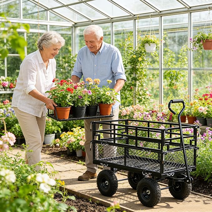 Steel Garden Cart 400 lbs Capacity Heavy Duty Garden Wagons,with Removable Steel Mesh Sides to Convert into Flatbed,Utility Metal Wagon w/ 180°Rotating Handle (Black-Pneumatic-Double Height)