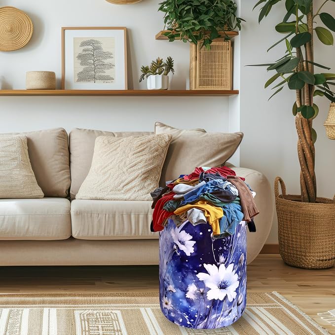 Blue Daisy Floral Laundry Basket Oxford Cloth Foldable Hamper 18.9x16.5 In | Colorful With Handle Large-Capacity Tote Bag Laundry Hamper Clothes Storage Bucket Toy Organizer For Bathroom,Laundry,Bedroom
