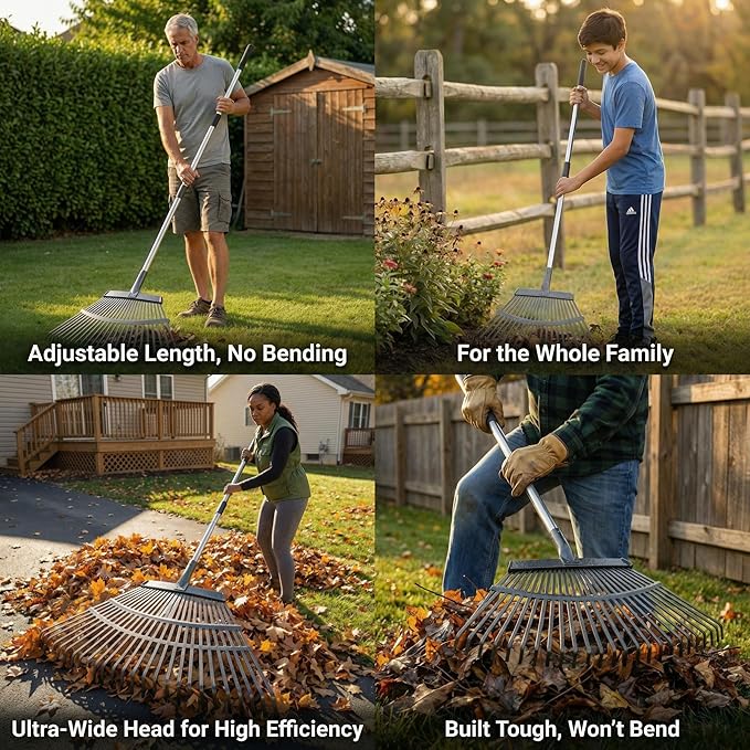 Leaf Rake for Yard & Garden - 20" Wide Metal Rake with 25 Steel Teeth, 40-68" Adjustable Handle - Heavy Duty Rust-Proof Steel Rake for Leaves, Grass & Debris Cleanup
