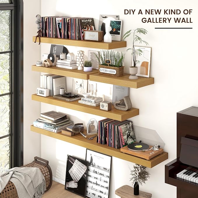 72 Inch Floating Shelves for Wall, 12"D Wood Storage Shelves, Oak Finish