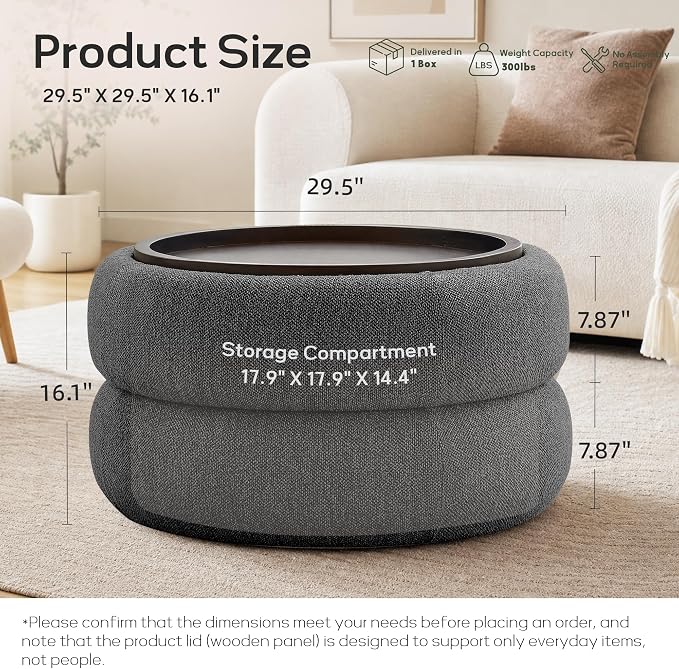 29.5" Round Storage Ottoman, Ottoman Coffee Table with Removable Wood Top | Upholstered Modern Boucle Ottoman with Storage for Living Room, Bedroom, Apartment, DarkGrey