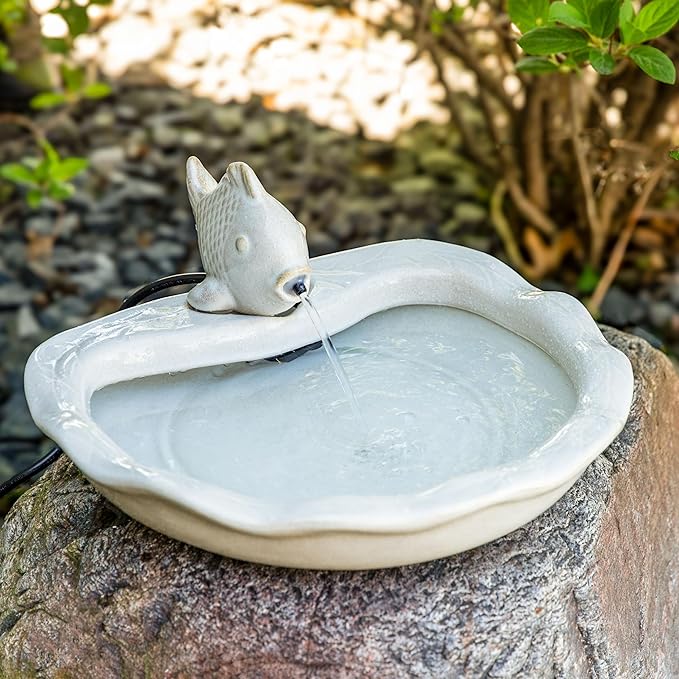 Sunnydaze Glazed Ceramic Fish 7-Inch Outdoor Garden Fountain - Outdoor Tabletop Fountain for Patio, Deck, Garden - White
