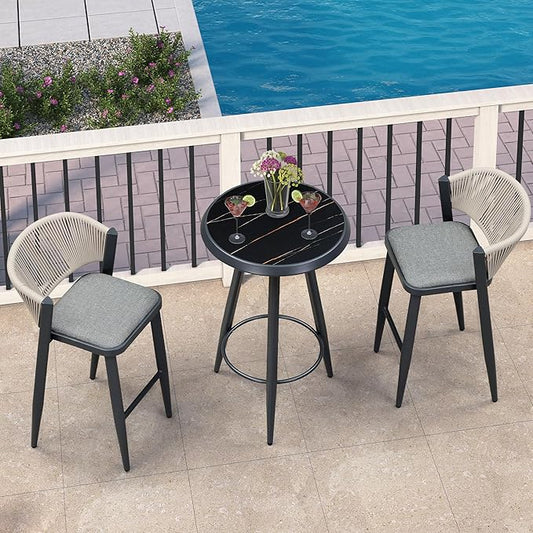 PURPLE LEAF Outdoor Round Table Patio Bar Height Table Pub Dining Table with Weather Resistant Top for Balcony Dark Grey