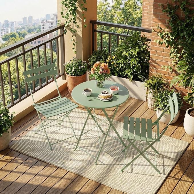 GarveeHome 3-Piece Foldable Bistro Set, Outdoor Patio Furniture with 2 Folding Chairs & 1 Table, Weather-Resistant Indoor/Outdoor Conversation Set for Patio, Green