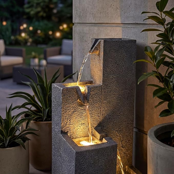 33-Inch Modern Outdoor Water Fountain, 4-Tier Resin Garden Waterfall Fountain, with Soothing Water Sound & Warm LED Light, Home Decor for Patio, Yard, Porch, Deck, Lawn or Balcony in Gray