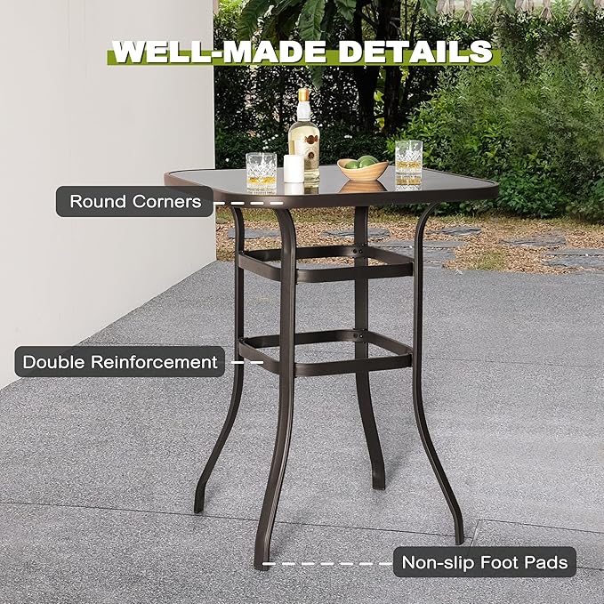 NUU GARDEN 5 Piece Patio Bar Set with Square Silk Screen Bar Height Glass Table and 4 Counter Textilene Height Swivel Chairs for Patio, Yard, Outdoor, Black&Brown