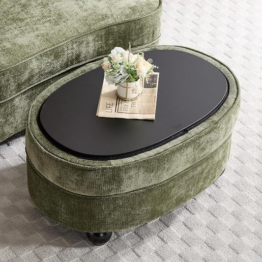Oval Ottoman Coffee Table with Storage, Modern Chenille Fabric Small Foot Rest for Chair, 3-in-1 Multi-Functional Storage Ottoman with Tray Lid for Living Room, Bedroom, Dorm Room