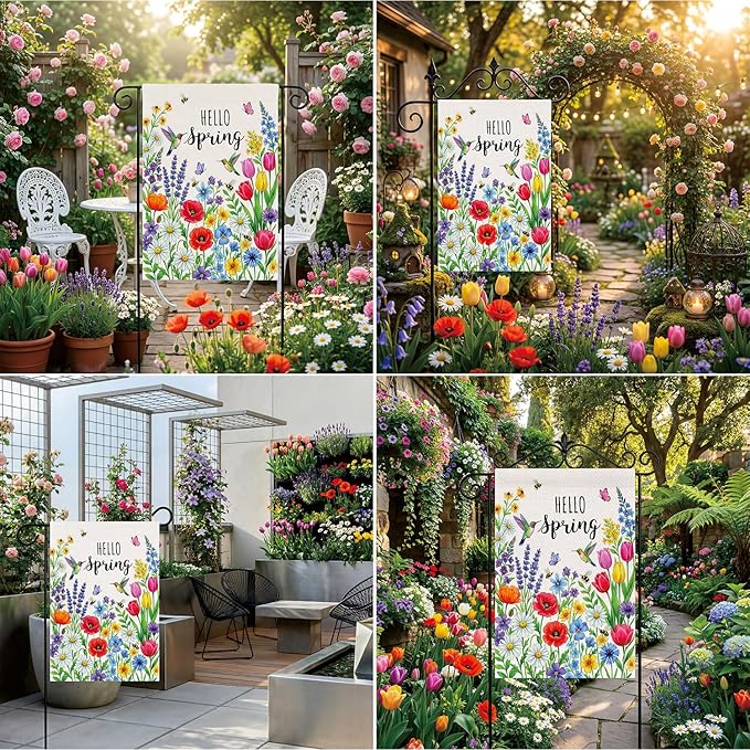 Spring Summer Floral Welcome Garden Flag Hello Spring Tulip Lavender Garden Flag 12x18 Inch Double Sided 12x18 Inch Double-Sided Linen Holiday Outdoor Yard Decorative Flag
