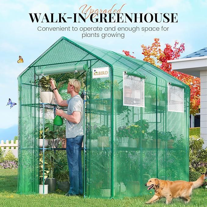 KING BIRD Premium Greenhouse for Outdoors, 84x56x77 Upgraded PVC Cover & Heavy Duty Steel Frame Walk-in Portable Green House for Outside Garden, Screen Windows & Mesh Door, 3 Tiers 14 Shelves, Green