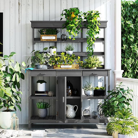 66'' Large Outdoor Farmhouse Wooden Potting Bench Table, Garden Workstation with 2 Drawers,Cabinet and Open Shelves for Backyard, Mudroom