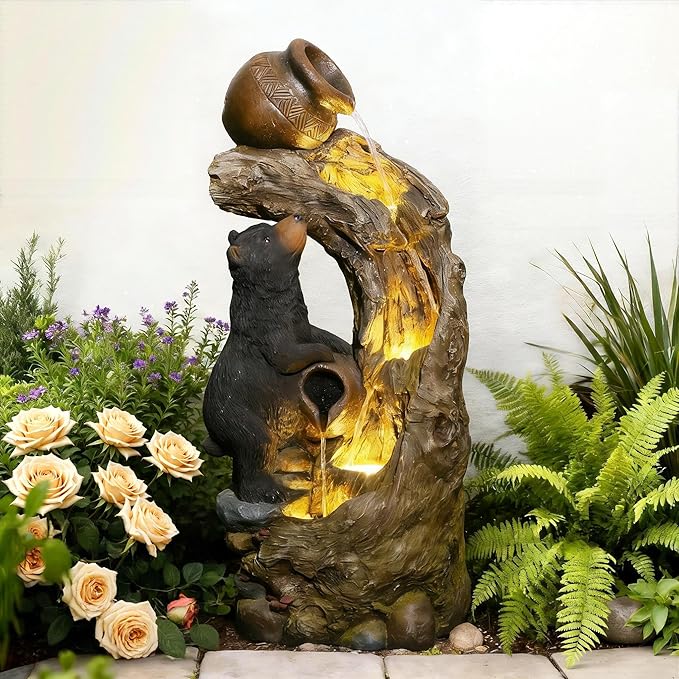 Sunlinua 34" H Decorative Bear Outdoor Water Fountain, Resin Water Fountain with LED Lights, Waterfall Fountains Indoor and Outdoor for Patio, Porch, Courtyard, Home Decor