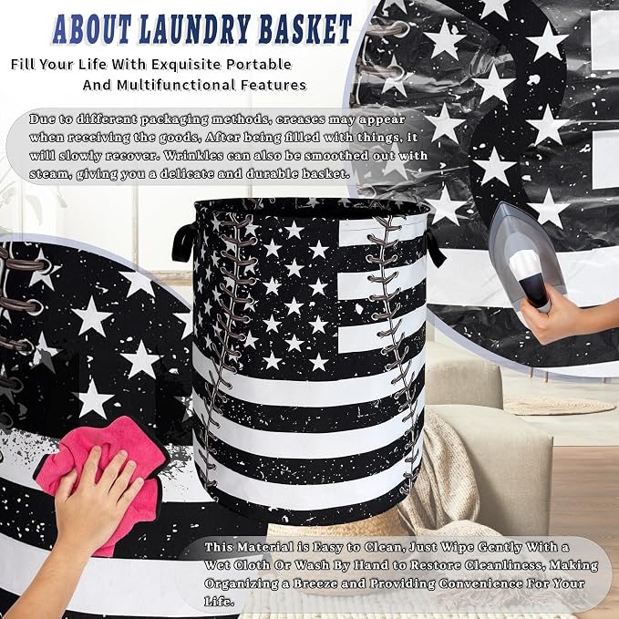 US Flag Baseball Laundry Basket Oxford Cloth Foldable Hamper 18.9x16.5 Inch | Funny With Handle Large-Capacity Tote Bag Laundry Hamper Clothes Storage Bucket Toy Organizer For Bathroom,Laundry,Bedroom