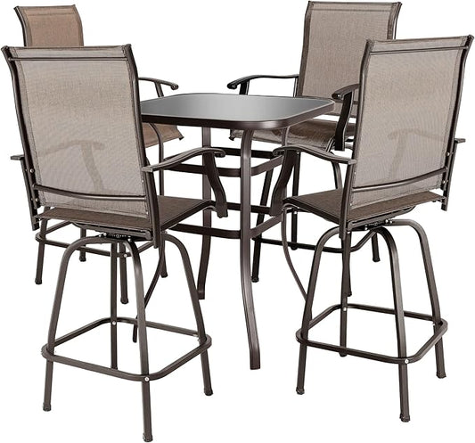 NUU GARDEN 5 Piece Patio Bar Set with Square Silk Screen Bar Height Glass Table and 4 Counter Textilene Height Swivel Chairs for Patio, Yard, Outdoor, Black&Brown