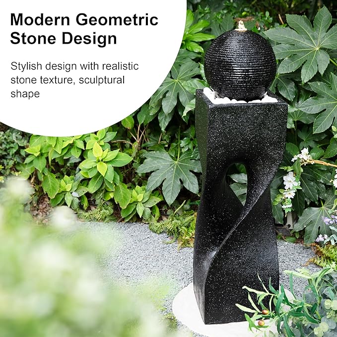 Glitzhome Outdoor Water Fountain, 40.5" H Polyresin Outdoor Fountain with Pebbles, Pump and LED Light, Modern Geometric Pedestal and Sphere Garden Fountain Waterfall for Patio, Backyard, Porch, Deck