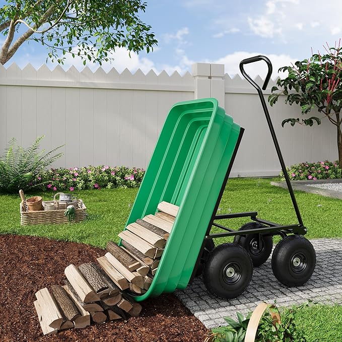 Garden Dump Cart, 1200 Lb Capacity Heavy Duty Utility Cart, Wheelbarrow with 180° Pivot Handle for Yard, Farm, Lawn & Gardening(Black+Green)