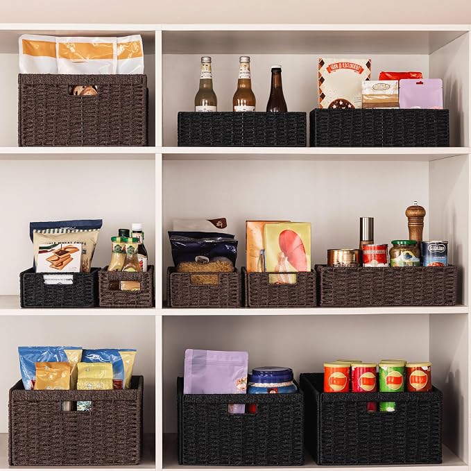UBBCARE 3 Pack Wicker Basket, 13.4L×8.3H×7.1W inch Woven Paper Rope Storage Baskets for Shelves, Foldable Rectangular Storage Baskets with Handle, Storage Basket for Organizing, Dark Brown