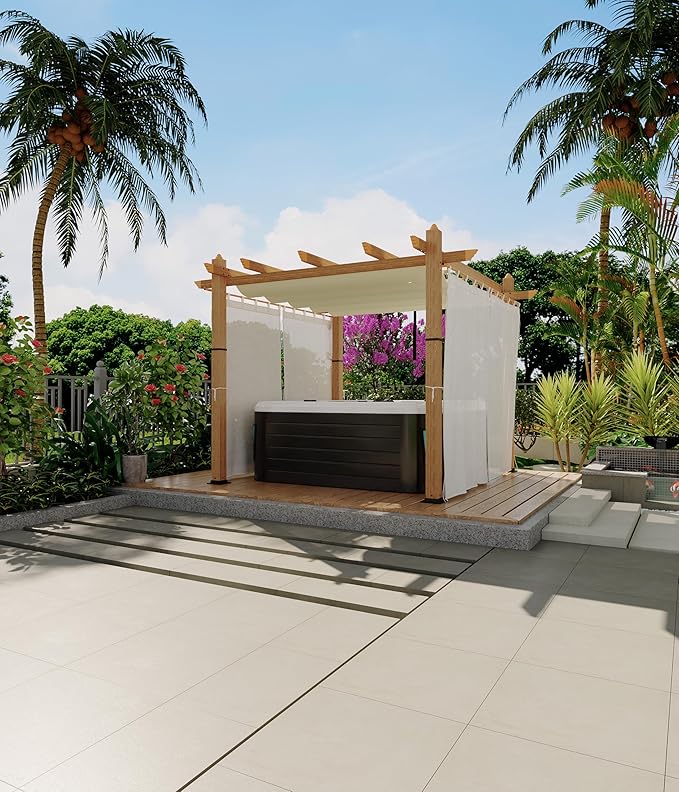 GarveeLife 10 x 10 ft Wood-Grain Aluminum Pergola Outdoor Pergola with Canopy Shelter Sun Shade for Backyard Garden Patio Deck - Beige with Netting