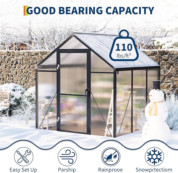 Garvee 6 x 6 ft Greenhouse, Greenhouses for Outside, Polycarbonate Greenhouse with Aluminum Frame, Lockable Door and Ajustable Roof Vent for Backyard, Green Houses for Outside Garden Backyard, Patio