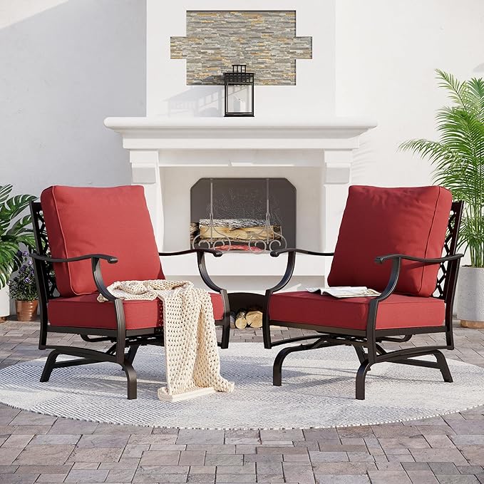 SUNSHINE VALLEY Metal Outdoor Rocker Patio Chairs Set of 2 with 5.75" Extra Thick Cushion, 2 Piece High Back Rocker Patio Chairs All Weather Outdoor Furniture Seating for Deck Balcony Porch, Rust Red
