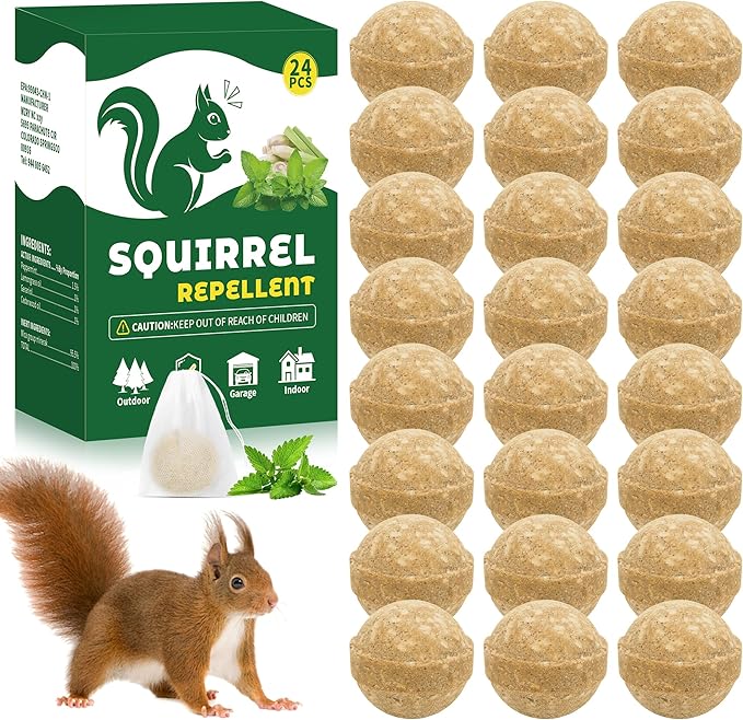 24 Pack Squirrel Repellent Balls for Outdoor Use, Long-Lasting Rodent Deterrent for Garden, Yard, Attic & Garage