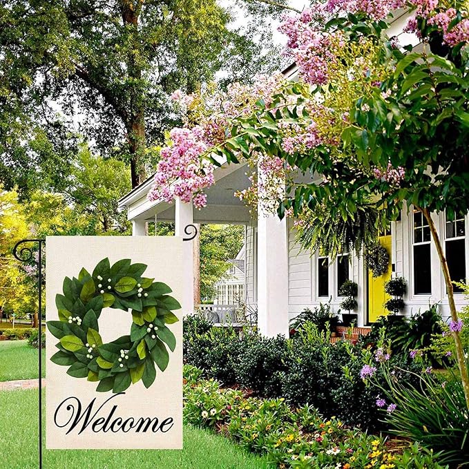 Baccessor Wreath Spring Garden Flag Magnolia Leaves Welcome Small Yard Flag 12.5 X 18 Inch Double Sided Burlap Summer Flag for Outside Decor
