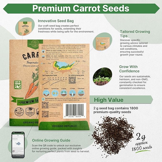 Organo Republic Imperator 58 Carrot Seeds Pack 2G - Over 1800 of Non-GMO Heirloom Carrot Seeds for Planting Vegetables in Individual Seed Packet, Vegetable Seeds for Planting Indoor & Outdoor Garden
