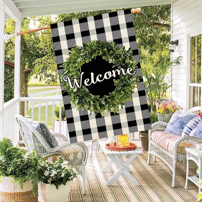 Baccessor Boxwood Wreath Welcome House Flag Vertical Double Sided, Buffalo Check Plaid Rustic Farmhouse Burlap Garden Yard House Flag Outdoor Decoration 28 x 40 Inch