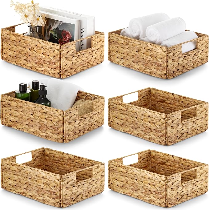 Bluewest Water Hyacinth Storage Baskets, Set of 6, Woven Bins with Handles