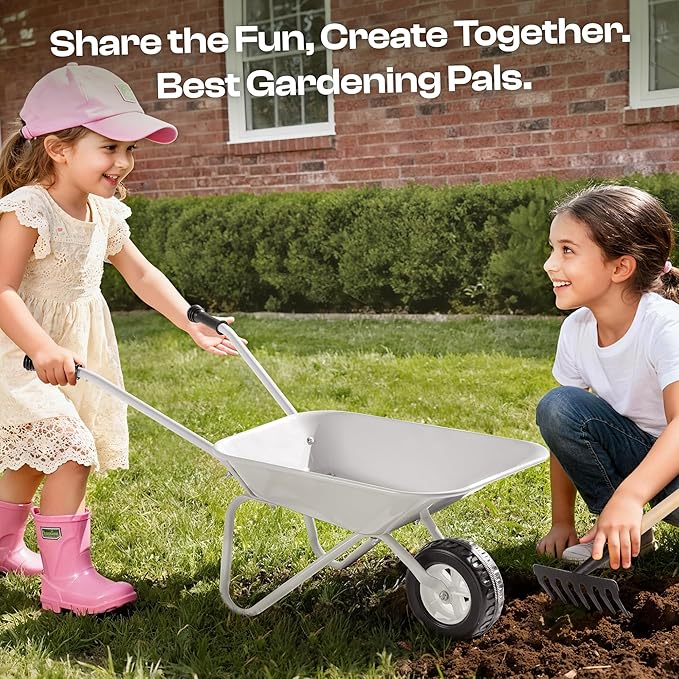 ROBUD Kids Gardening Tools Outdoor Toys Set Backyard Play with Kids Wheelbarrow-9pcs Metal Toddler Wheelbarrow, Garden Tools, Watering Can, Plant Labels for Ages 3+ (Grayish White)