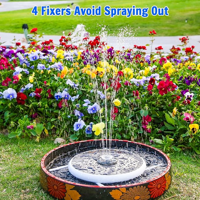 AISITIN 6.5W Solar Bird Bath Fountain with 3000mAh Battery & Color Changing LED Lights & 4 Anti-Drift Fixing Rod & 8 Nozzles, Upgraded Solar Fountain for Bird Bath, Garden, Backyard, Pond, Fish Pond