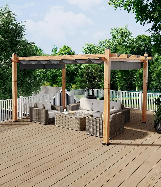10' X 13' Outdoor Pergola with Retractable Canopy Aluminum Pergola Faux Wood Metal Pergolas Gazebo for Backyard, Deck, Patio, Garden Porch Beach Sun Shade Pavilion Grape Trellis Grill, Gray