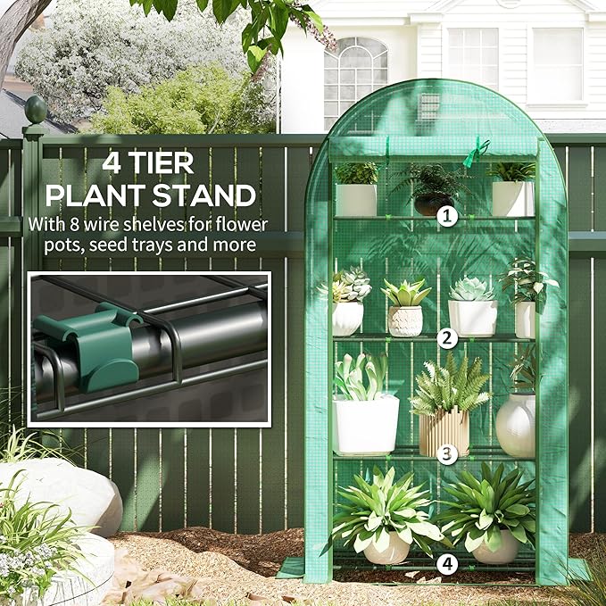 Outsunny 4 Tier Mini Greenhouse, 41.3" x 17.7" x 63" Portable Greenhouse with Roll-Up Door and PE Cover, for Backyard Garden, Green