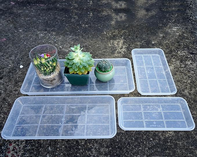 VUWEZ 2 Pack Plastic Plant Saucer, Rectangular, Indoors Outdoor, Water Drip Tray for Flower Pot, Windowsill (5.5 x 10 Inch, Clear)
