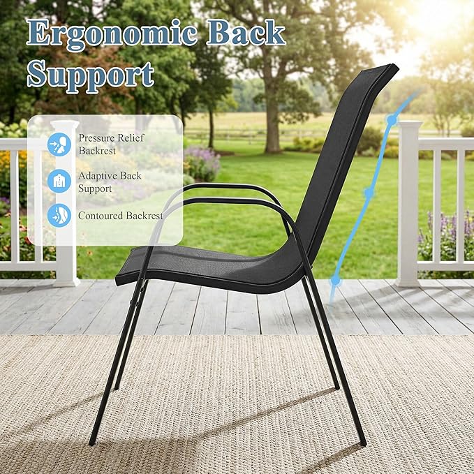 DIFY Patio Chairs Set of 4, Stackable Outdoor Dining Chairs Set with Breathable Textilene High Back and All-Weather Metal Frame for Garden, Backyard, Deck, Dark Grey