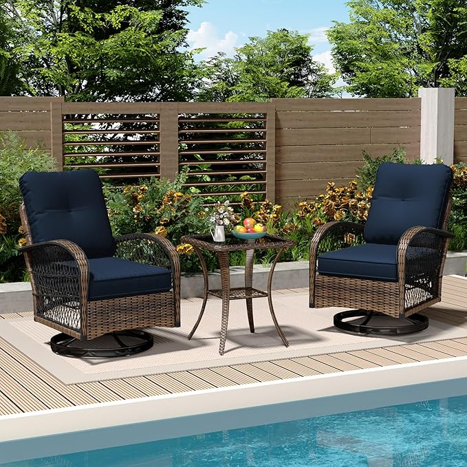 MELLCOM 3 Pieces Patio Furniture Set, Outdoor Swivel Rocker Patio Chairs, Wicker Patio Bistro Set with Rocking Chair, Thickened Cushions and Glass Coffee Table for Backyard, Garden, Navy Blue