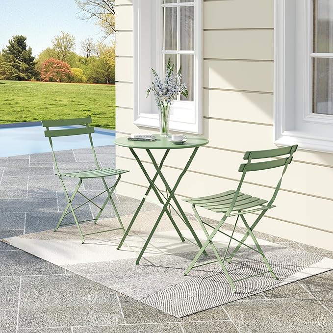 GarveeLife 3-Piece Folding Bistro Set, Foldable Patio Furniture Set with Premium Frame, Outdoor Bistro Table and Chairs Set of 2 for Patio, Garden and Balcony, Green