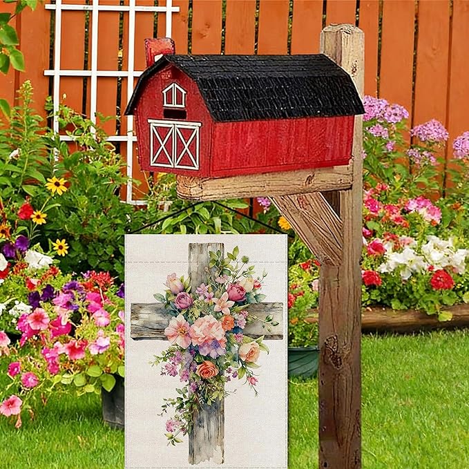 Spring Summer Garden Flag, Religious Easter Christian Cross flower Yard Outside Decorations, Inspirational Burlap Outdoor Small Home Decor 12 x 18