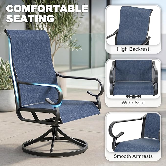 NUU GARDEN Patio Swivel Dining Chairs Set of 2, All-Weather Outdoor Swivel Rocker Chairs with High Back Textilene Seat, for Lawn Porch Garden, Blue