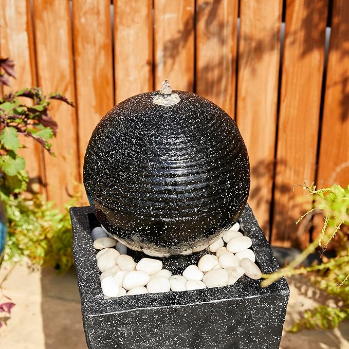 Glitzhome Outdoor Water Fountain, 31.75"H Modern Geometric Pedestal and Sphere Polyresin Waterfall Fountain, Outdoor Fountain with Pebbles, Pump and LED Light for Patio, Backyard, Garden, Deck(Black)