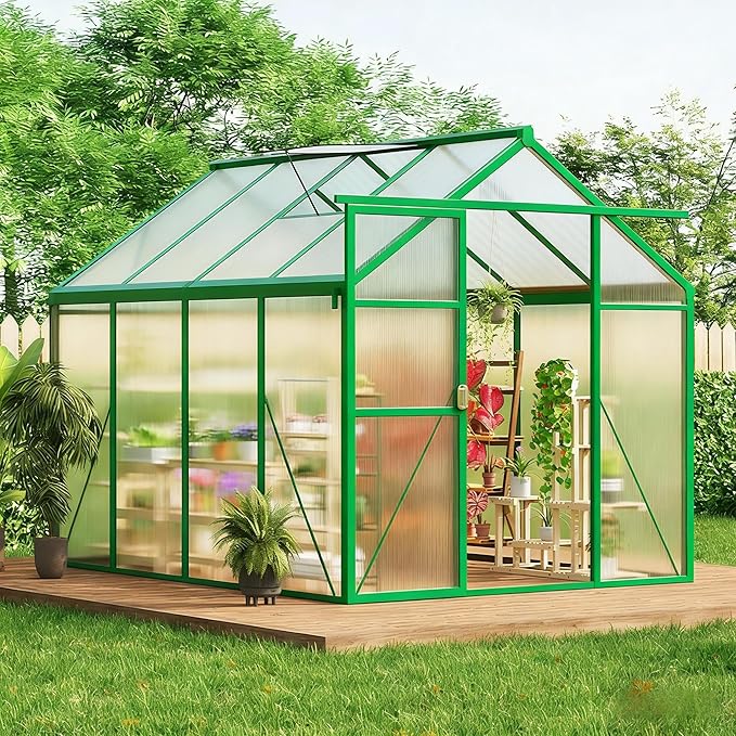 6x8 FT Greenhouse, Easy Assembly Aluminum Polycarbonate Greenhouses for Outdoors with Roof Vent, Large Aluminum Walk-in Greenhouse for Sunroom Patio, Backyard, Garden, Sliding Lockable Door, Green