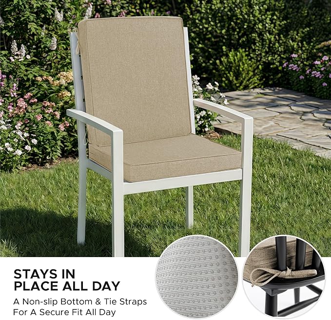 Outdoor Chair Cushions, Water-Resistant & Fade-Resistant, Patio Furniture Lawn Dining Chair Seat Replacement with Mid Back, Ties Zipper, Removable Cover, 18 x 16.5 Inch, Set of 1, Natural