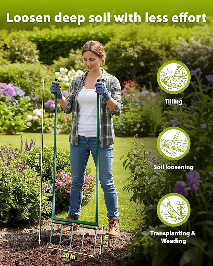 Broadfork Garden Tool, 5-Tine Heavy Duty Broad Fork, Manual Hand Tiller with 58 Inch Ergonomic Handle, Pitchfork Digging Fork for Cultivating Spading Crushing Aerating Gardening Soil