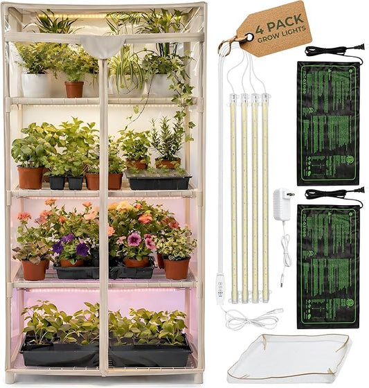 Carpathen Indoor Greenhouse with Grow Light - 4 Tiers 27.2"L x 19.3"W x 54"H with 2 Heat Mats and 4 Dimmable 15W Full Spectrum LED Light Strips w Spectrum Control - Mini Greenhouse with Zip PVC Cover